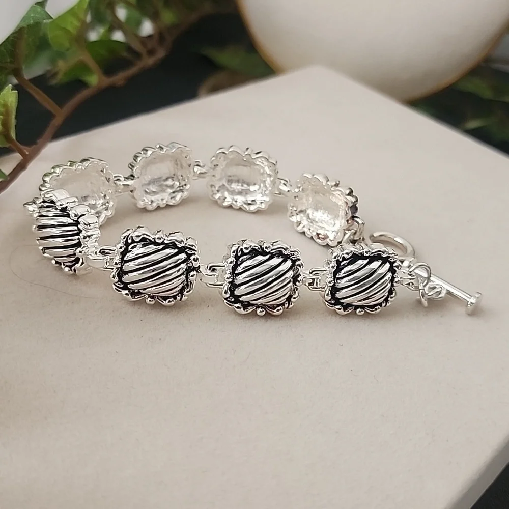 Silver Boho Design Link Bracelet Toggle Clasp